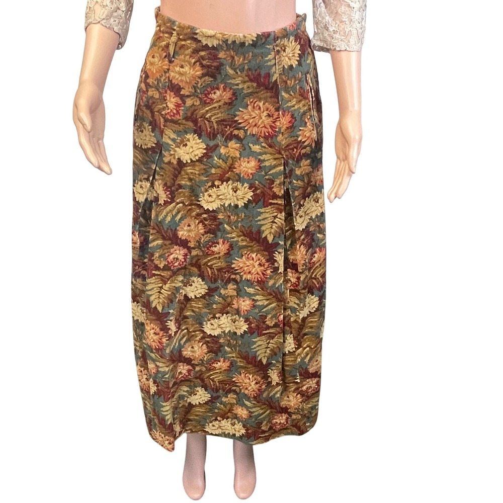 Herman Geist Vintage Floral Corduroy Skirt Sz S‎ Autumn Brown Gold Maxi Midi